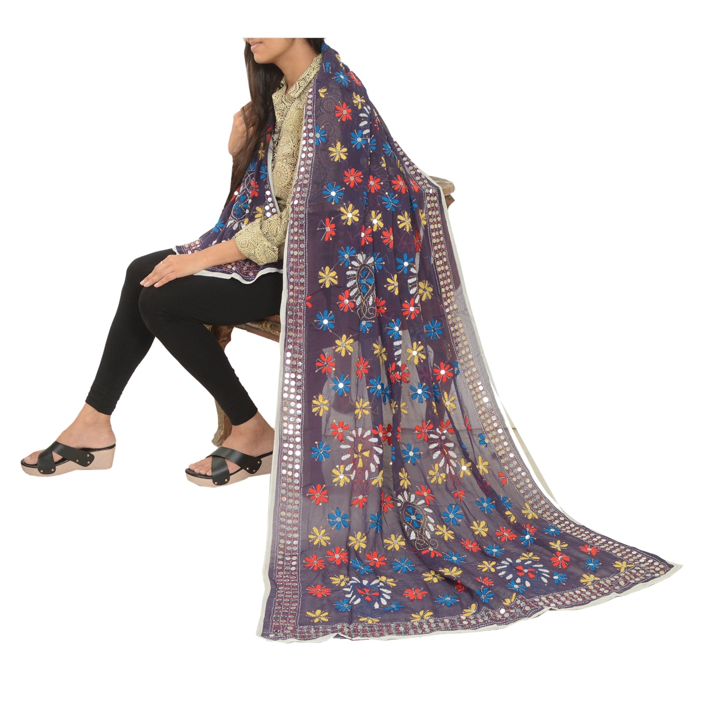 Sanskriti Vintage Purple Dupatta Georgette Handmade Phulkari OOAK Stole Veil