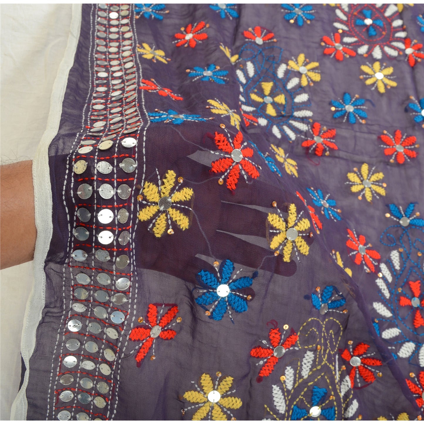 Sanskriti Vintage Purple Dupatta Georgette Handmade Phulkari OOAK Stole Veil