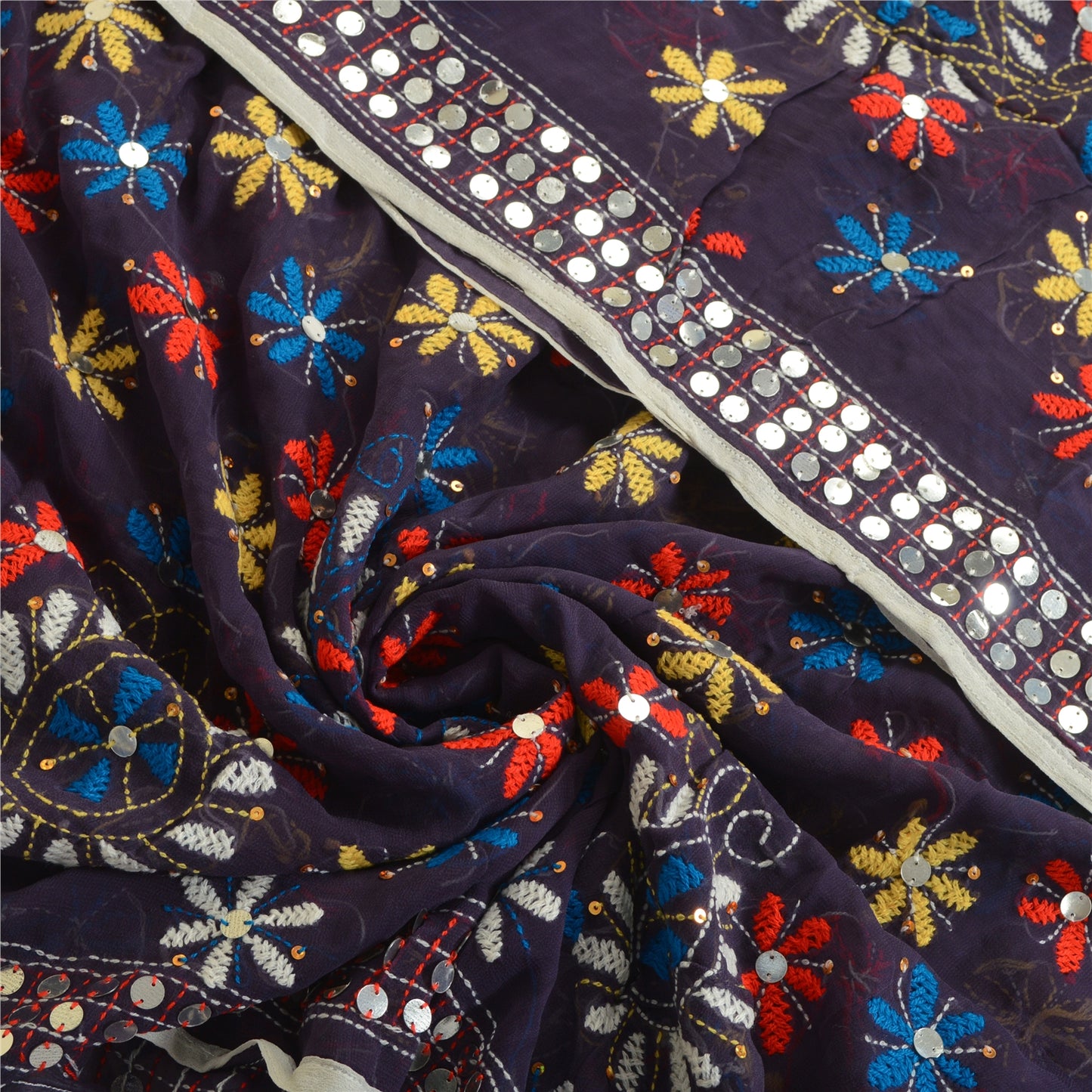 Sanskriti Vintage Purple Dupatta Georgette Handmade Phulkari OOAK Stole Veil