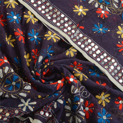 Sanskriti Vintage Purple Dupatta Georgette Handmade Phulkari OOAK Stole Veil