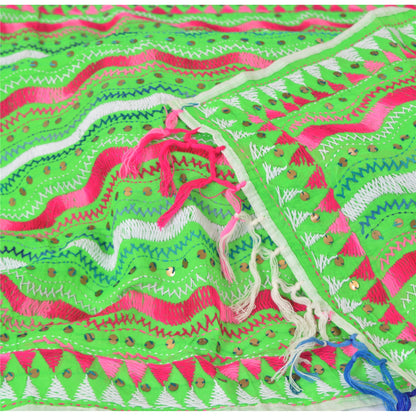 Sanskriti Vintage Green Dupatta Pure Cotton Handmade Phulkari Wrap OOAK Stole