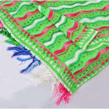 Sanskriti Vintage Green Dupatta Pure Cotton Handmade Phulkari Wrap OOAK Stole