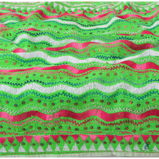 Sanskriti Vintage Green Dupatta Pure Cotton Handmade Phulkari Wrap OOAK Stole