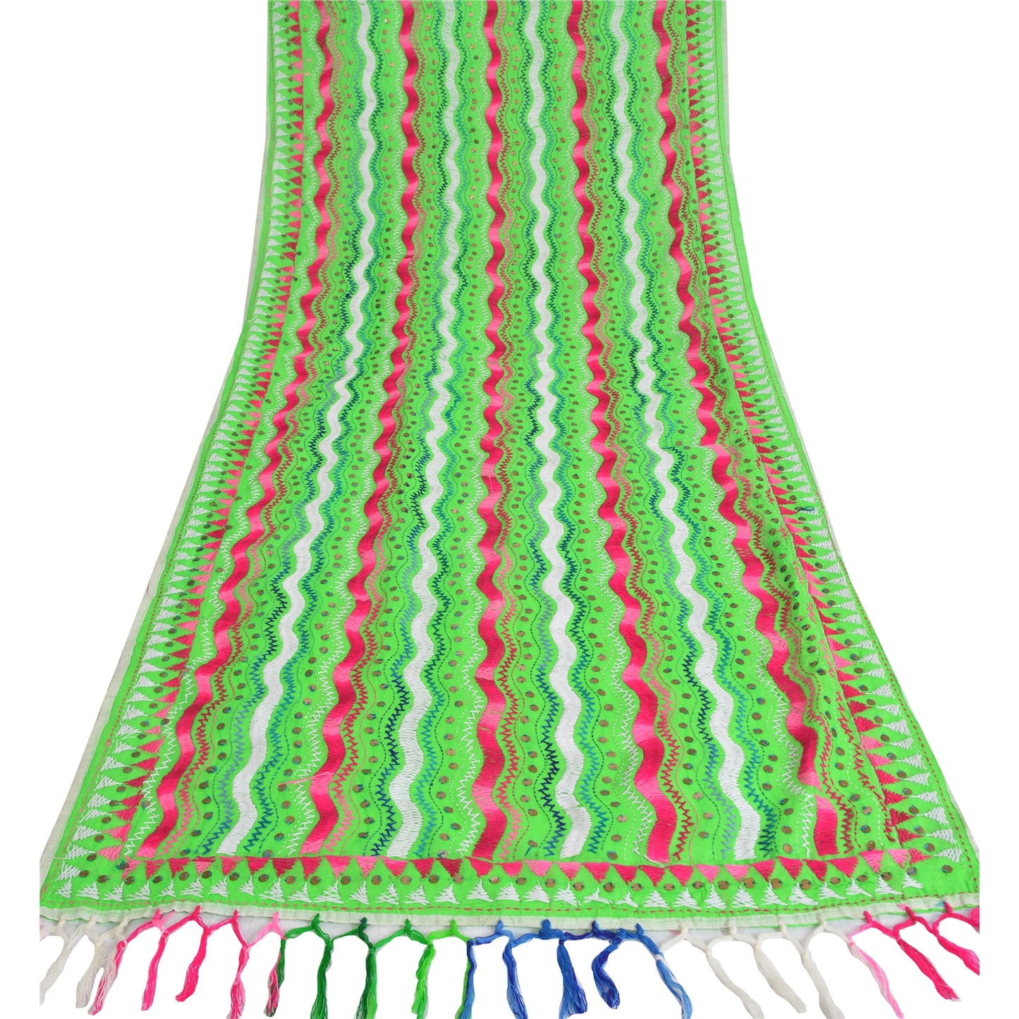 Sanskriti Vintage Green Dupatta Pure Cotton Handmade Phulkari Wrap OOAK Stole