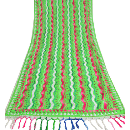 Sanskriti Vintage Green Dupatta Pure Cotton Handmade Phulkari Wrap OOAK Stole