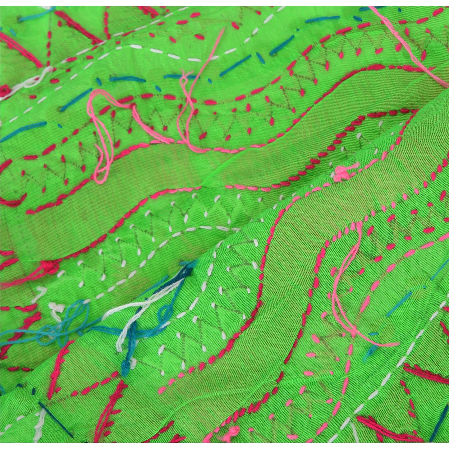 Sanskriti Vintage Green Dupatta Pure Cotton Handmade Phulkari Wrap OOAK Stole