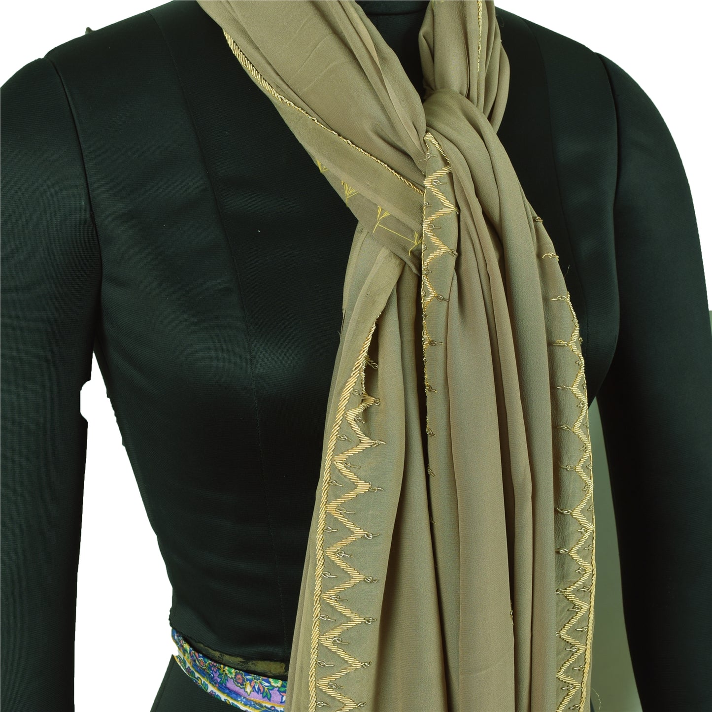 Sanskriti Vintage Olive Green Dupatta Pure Crepe Silk Hand Beaded Zardozi Stole