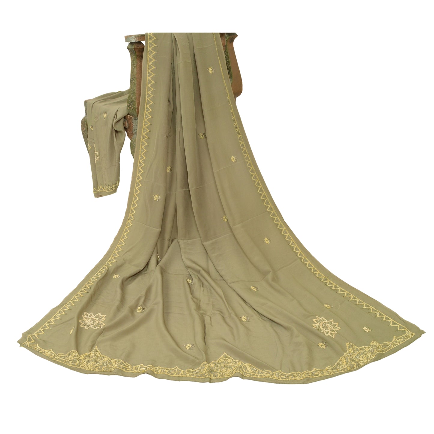 Sanskriti Vintage Olive Green Dupatta Pure Crepe Silk Hand Beaded Zardozi Stole