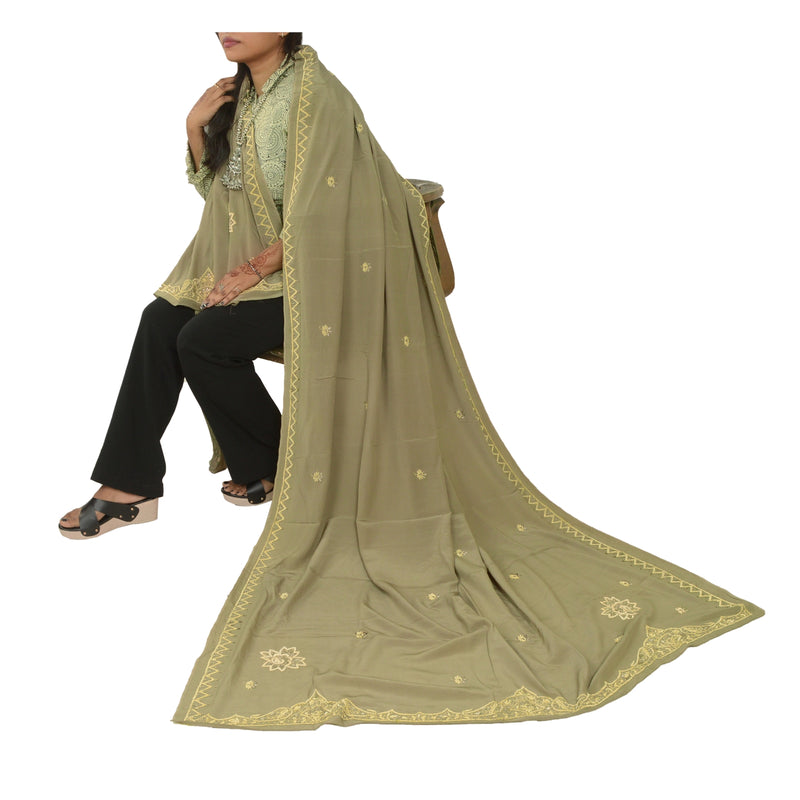 Sanskriti Vintage Olive Green Dupatta Pure Crepe Silk Hand Beaded Zardozi Stole