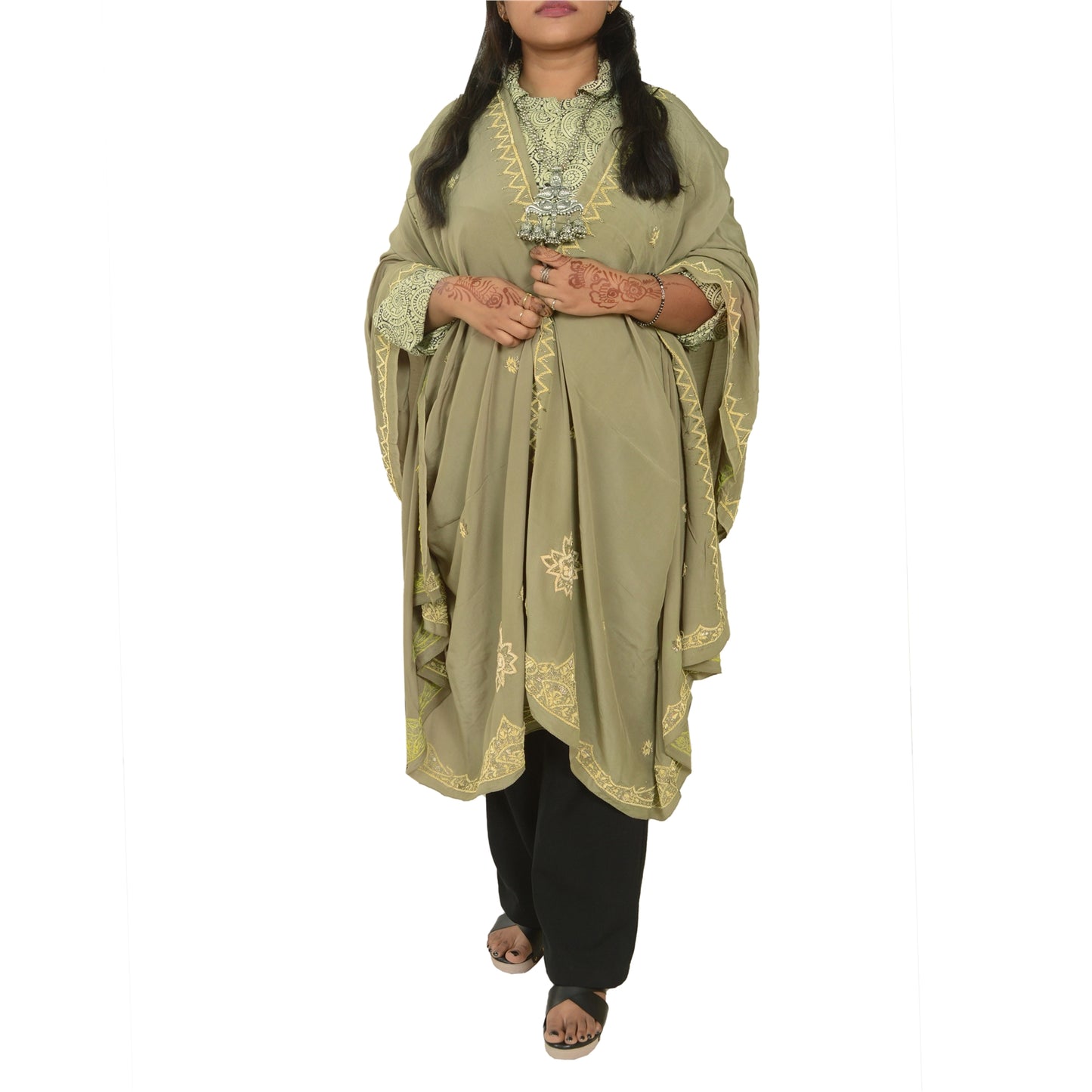 Sanskriti Vintage Olive Green Dupatta Pure Crepe Silk Hand Beaded Zardozi Stole