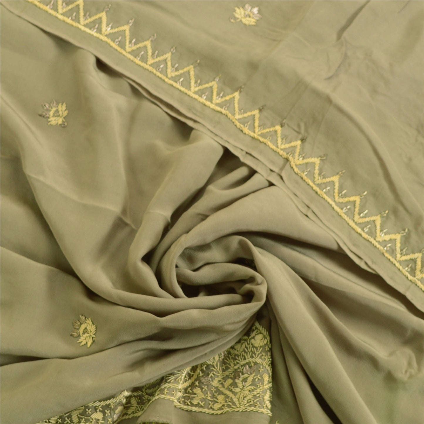 Sanskriti Vintage Olive Green Dupatta Pure Crepe Silk Hand Beaded Zardozi Stole