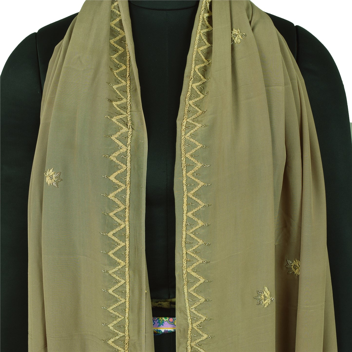 Sanskriti Vintage Olive Green Dupatta Pure Crepe Silk Hand Beaded Zardozi Stole