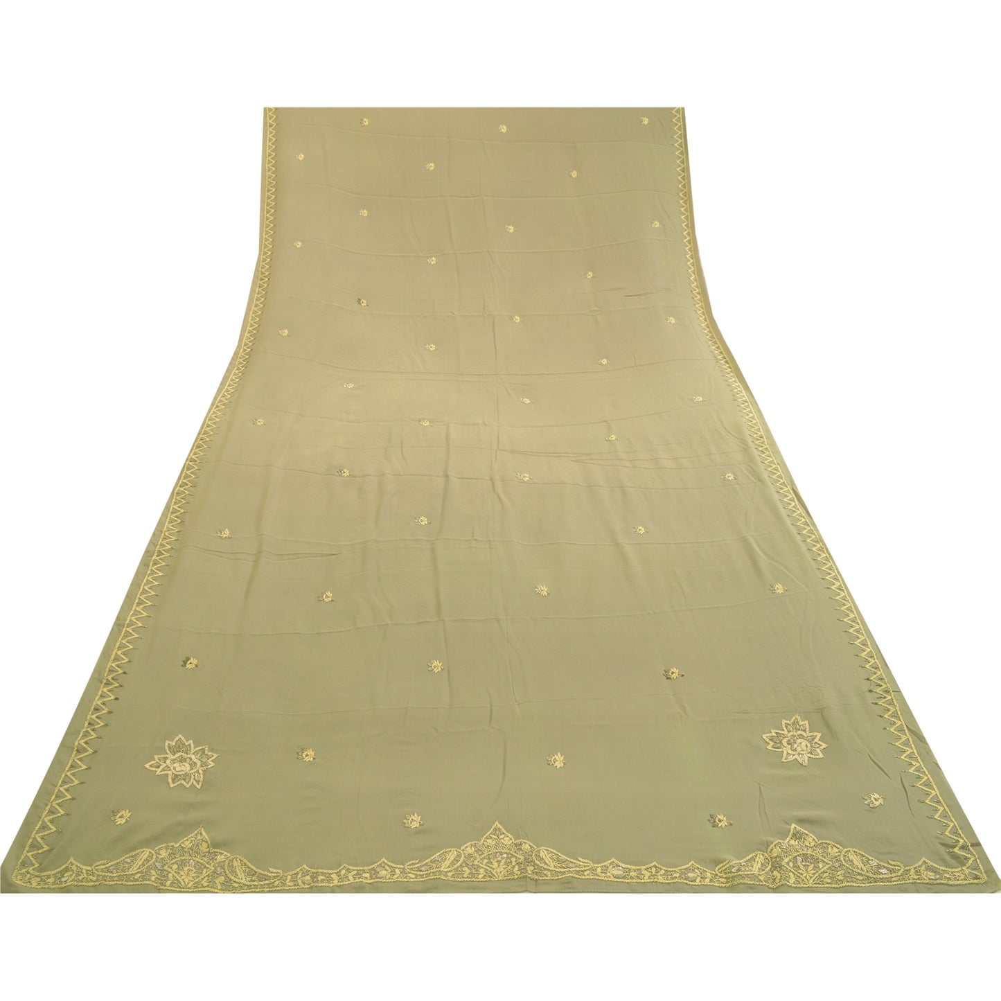 Sanskriti Vintage Olive Green Dupatta Pure Crepe Silk Hand Beaded Zardozi Stole
