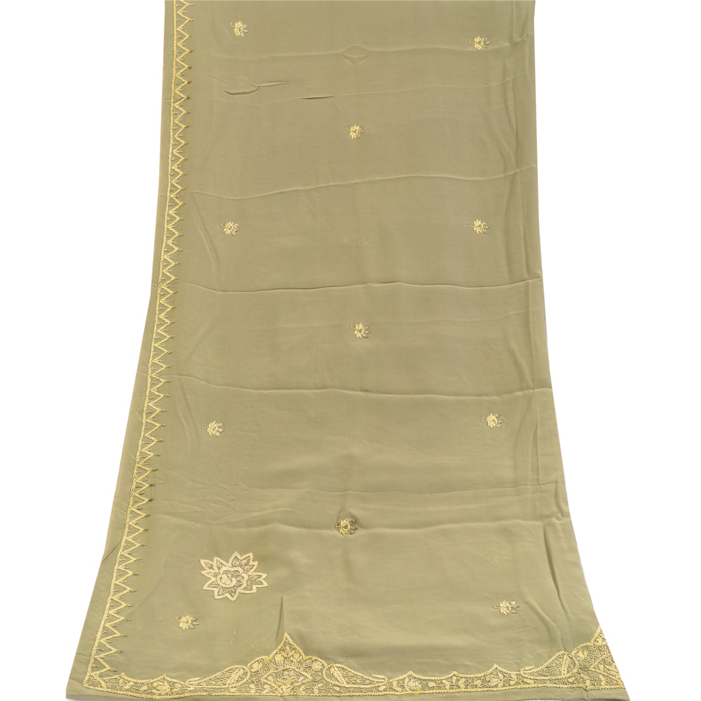 Sanskriti Vintage Olive Green Dupatta Pure Crepe Silk Hand Beaded Zardozi Stole
