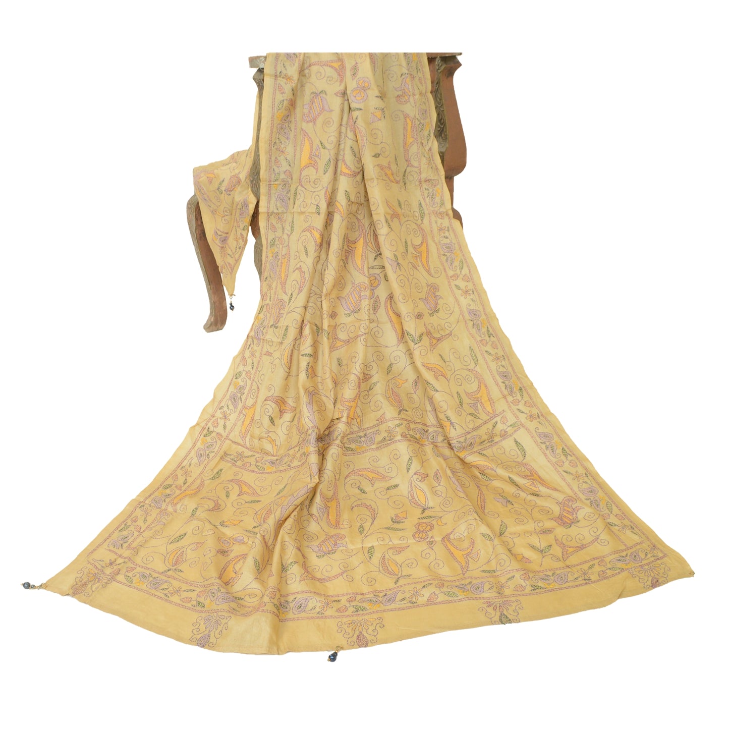 Sanskriti Vintage Cream Dupatta Pure Silk Hand Embroidered Kantha Special Stole West Bengal OF India Textile Heritage, Home Decor, Sewing