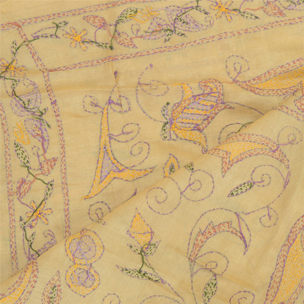 Sanskriti Vintage Cream Dupatta Pure Silk Hand Embroidered Kantha Special Stole