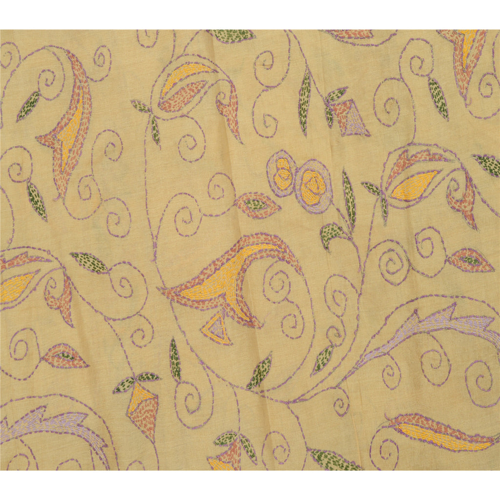 Sanskriti Vintage Cream Dupatta Pure Silk Hand Embroidered Kantha Special Stole