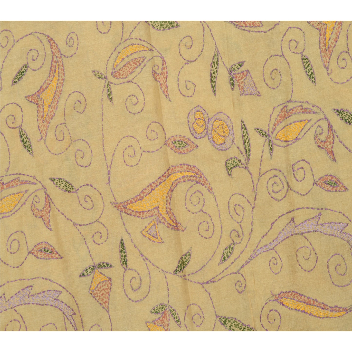 Sanskriti Vintage Cream Dupatta Pure Silk Hand Embroidered Kantha Special Stole West Bengal OF India Textile Heritage, Home Decor, Sewing