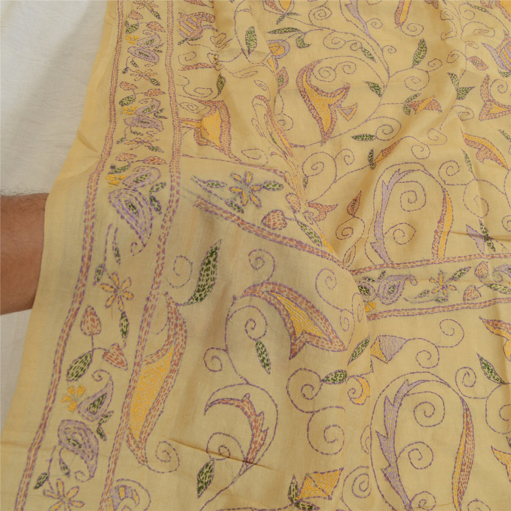 Sanskriti Vintage Cream Dupatta Pure Silk Hand Embroidered Kantha Special Stole