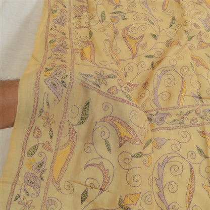 Sanskriti Vintage Cream Dupatta Pure Silk Hand Embroidered Kantha Special Stole West Bengal OF India Textile Heritage, Home Decor, Sewing
