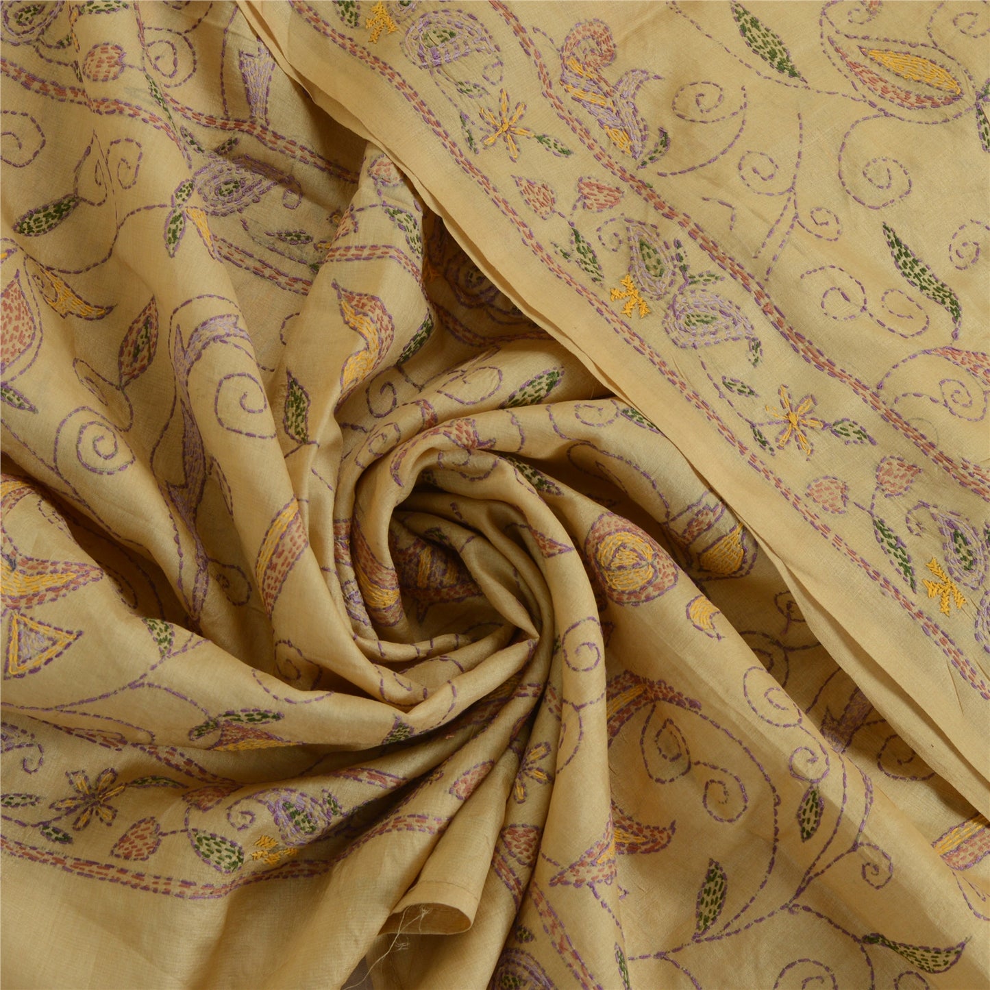 Sanskriti Vintage Cream Dupatta Pure Silk Hand Embroidered Kantha Special Stole West Bengal OF India Textile Heritage, Home Decor, Sewing