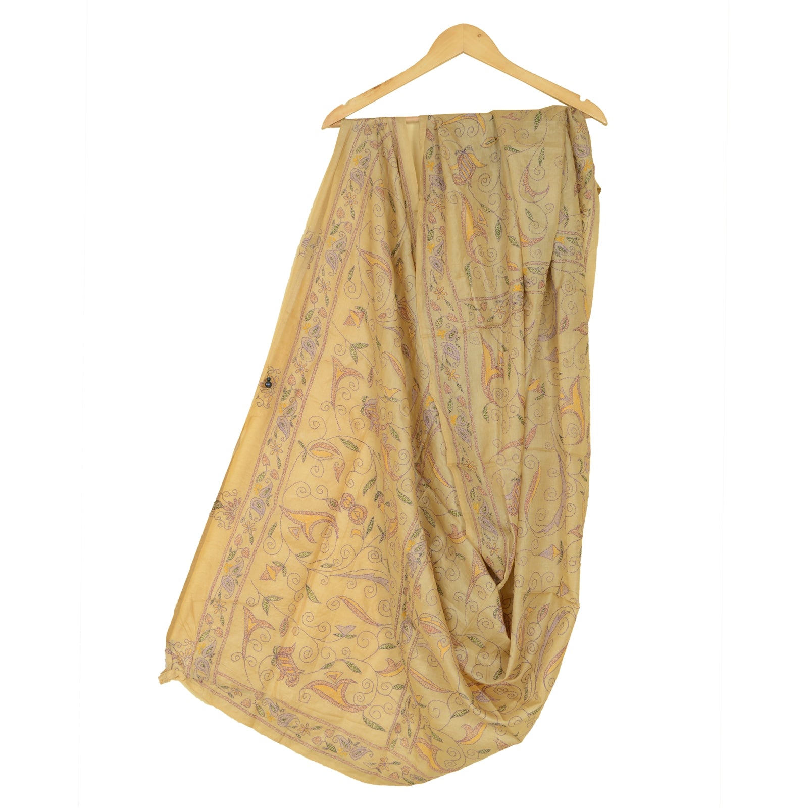 Sanskriti Vintage Cream Dupatta Pure Silk Hand Embroidered Kantha Special Stole