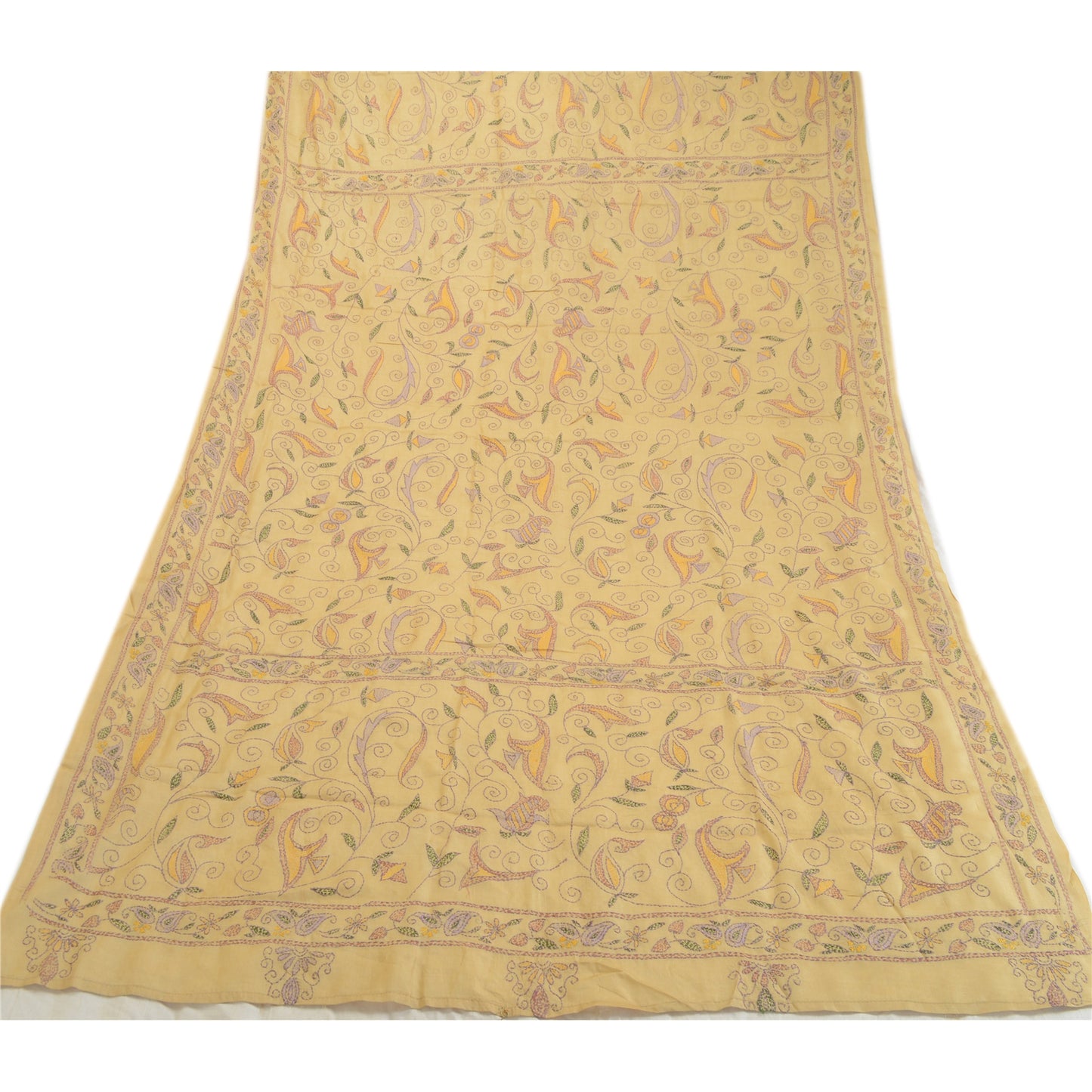 Sanskriti Vintage Cream Dupatta Pure Silk Hand Embroidered Kantha Special Stole West Bengal OF India Textile Heritage, Home Decor, Sewing