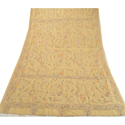 Sanskriti Vintage Cream Dupatta Pure Silk Hand Embroidered Kantha Special Stole West Bengal OF India Textile Heritage, Home Decor, Sewing