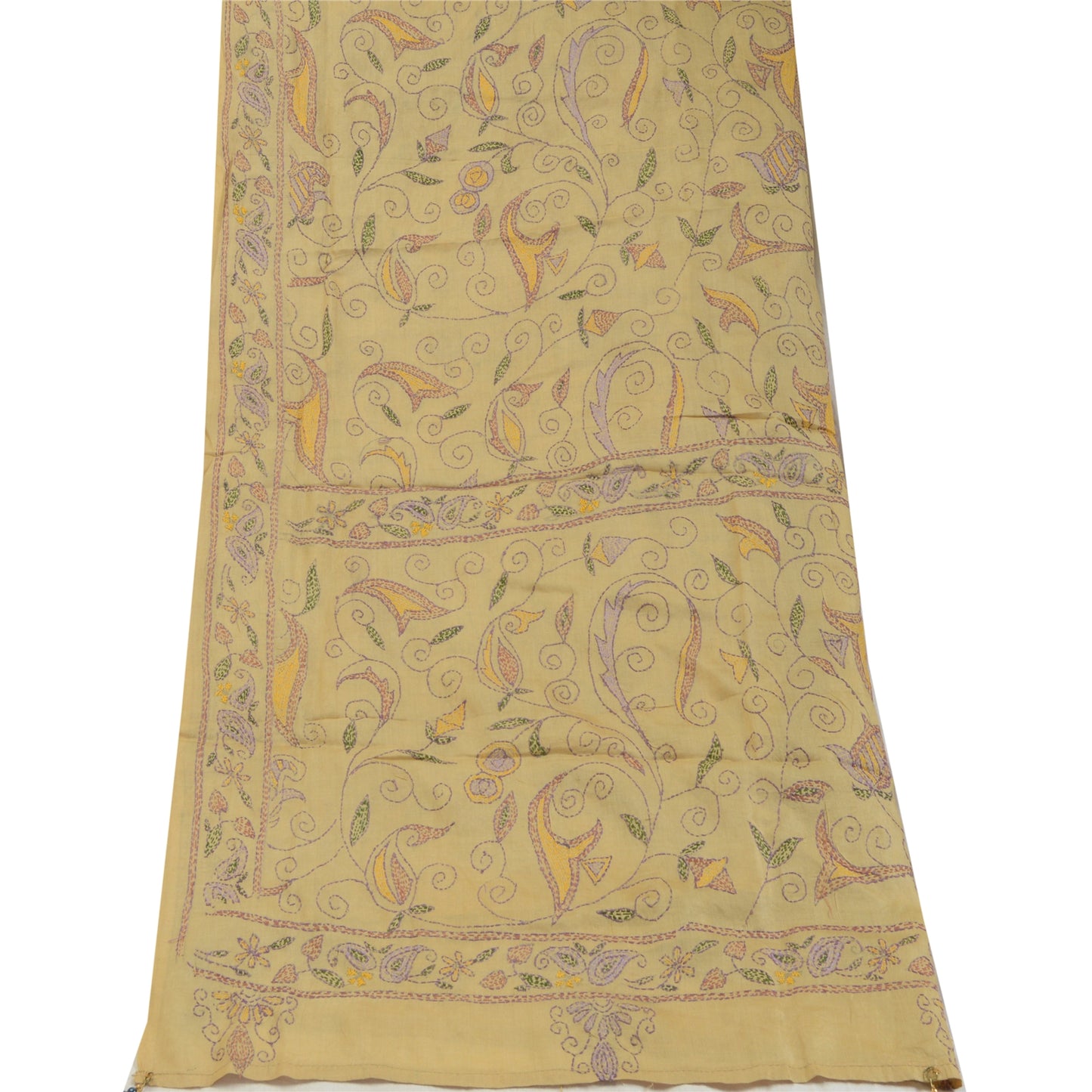 Sanskriti Vintage Cream Dupatta Pure Silk Hand Embroidered Kantha Special Stole West Bengal OF India Textile Heritage, Home Decor, Sewing