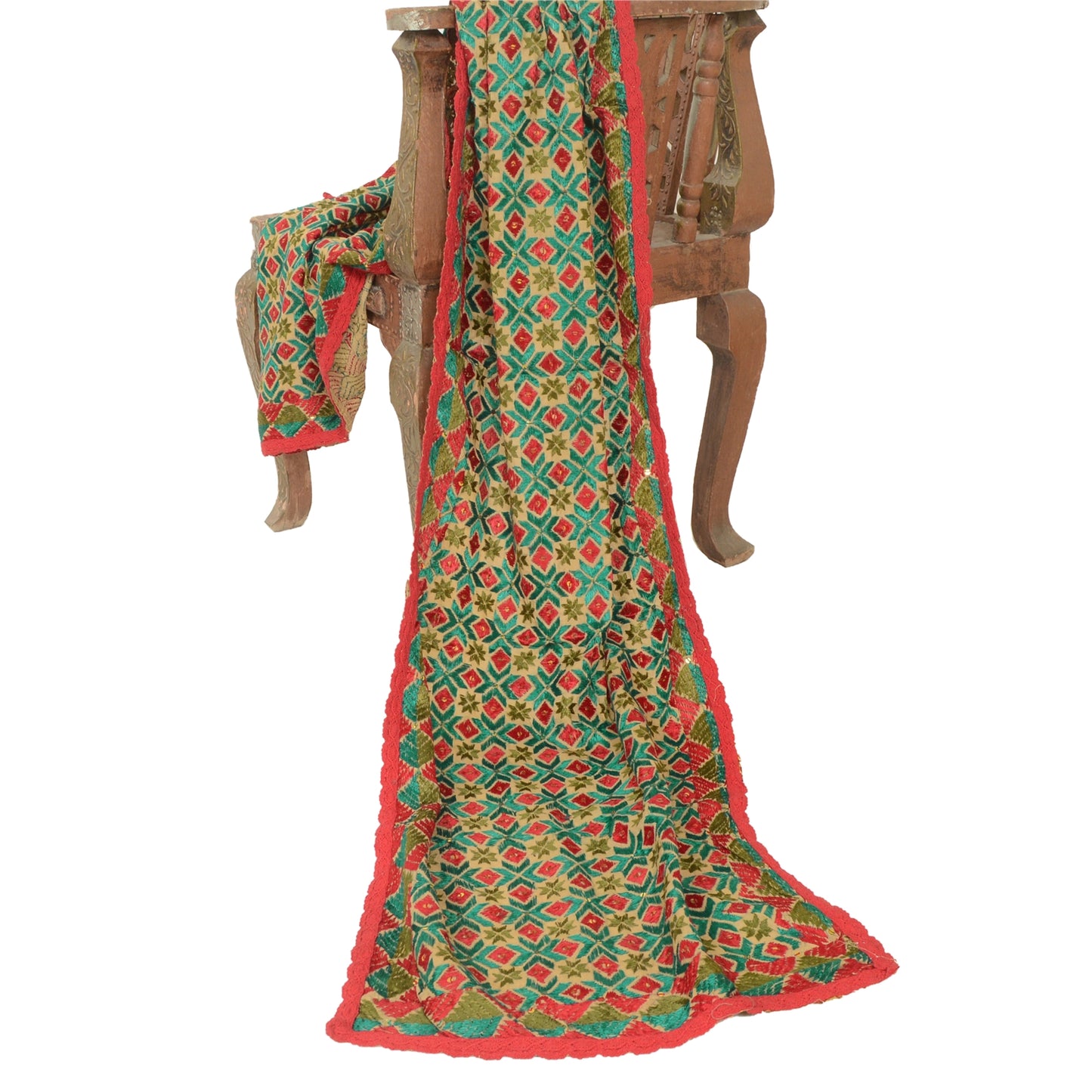 Sanskriti Vintage Cream Dupatta Pure Cotton Hand Made Bagh Phulkari OOAK Stole