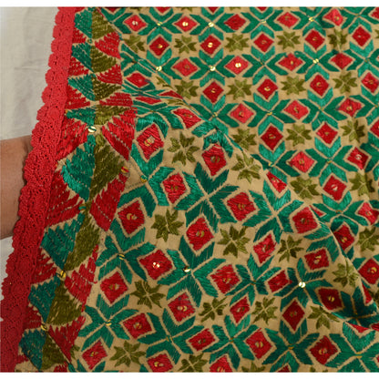 Sanskriti Vintage Cream Dupatta Pure Cotton Hand Made Bagh Phulkari OOAK Stole