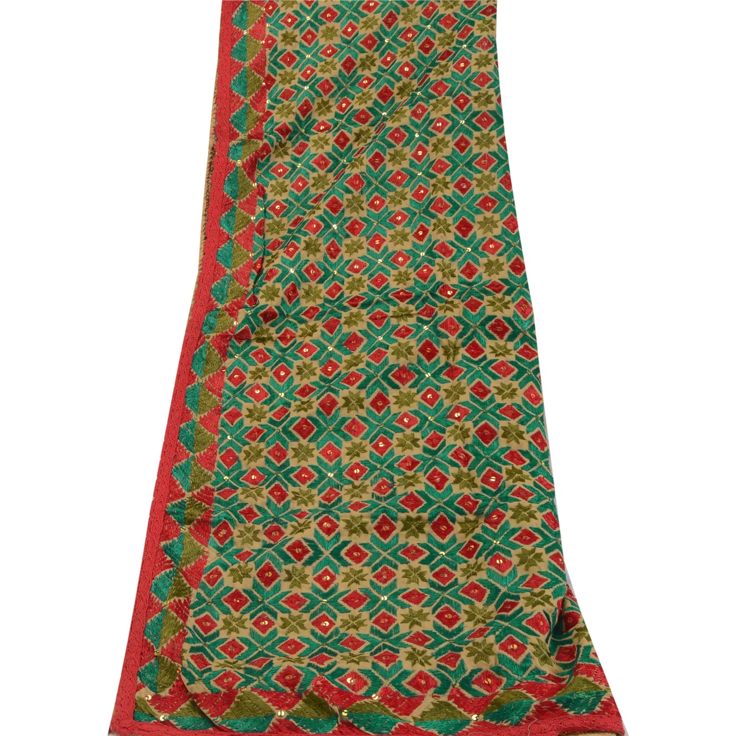 Sanskriti Vintage Cream Dupatta Pure Cotton Hand Made Bagh Phulkari OOAK Stole