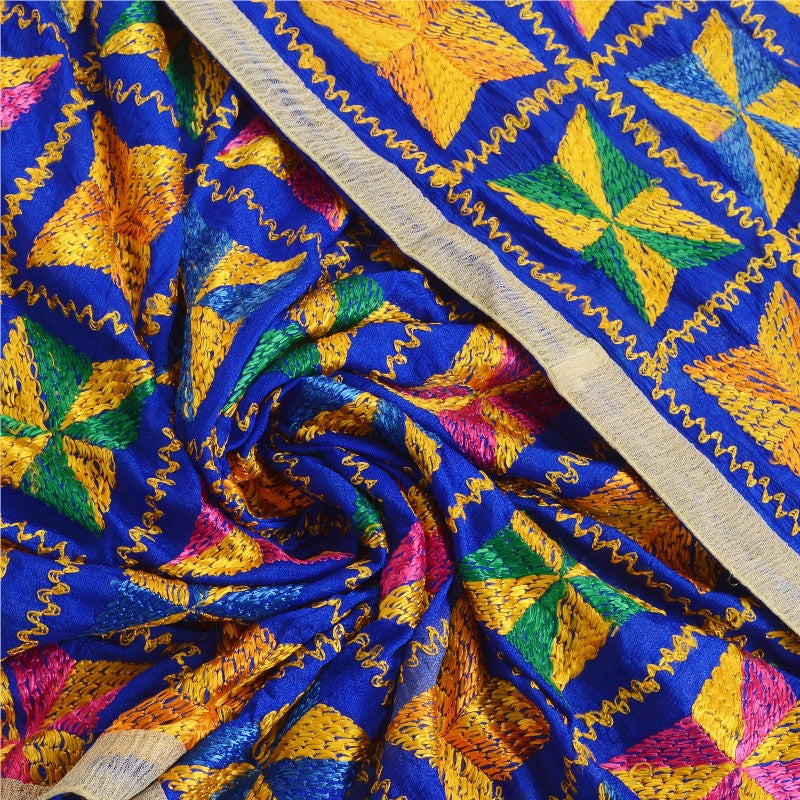 Sanskriti Vintage Blue Dupatta | Chiffon Silk Bagh Phulkari Embroidered Panjab OOAK Stole Wrap Indian Craft Supplies Fabric