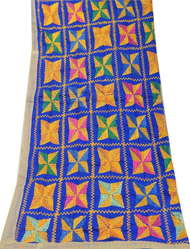 Sanskriti Vintage Blue Dupatta Chiffon Silk Bagh Phulkari Embroidery OOAK Stole