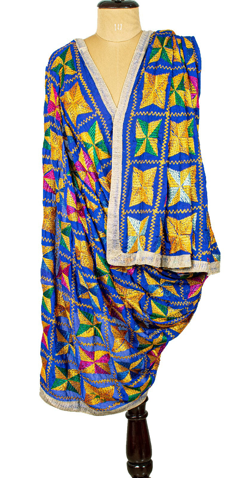 Sanskriti Vintage Blue Dupatta Chiffon Silk Bagh Phulkari Embroidery OOAK Stole
