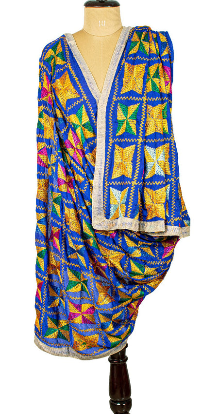 Sanskriti Vintage Blue Dupatta Chiffon Silk Bagh Phulkari Embroidery OOAK Stole