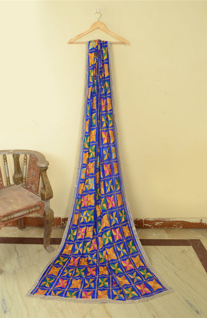 Sanskriti Vintage Blue Dupatta Chiffon Silk Bagh Phulkari Embroidery OOAK Stole