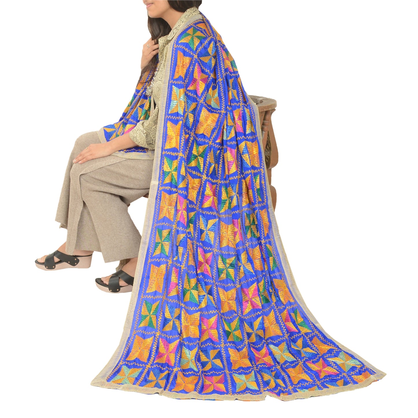 Sanskriti Vintage Blue Dupatta Chiffon Silk Bagh Phulkari Embroidery OOAK Stole