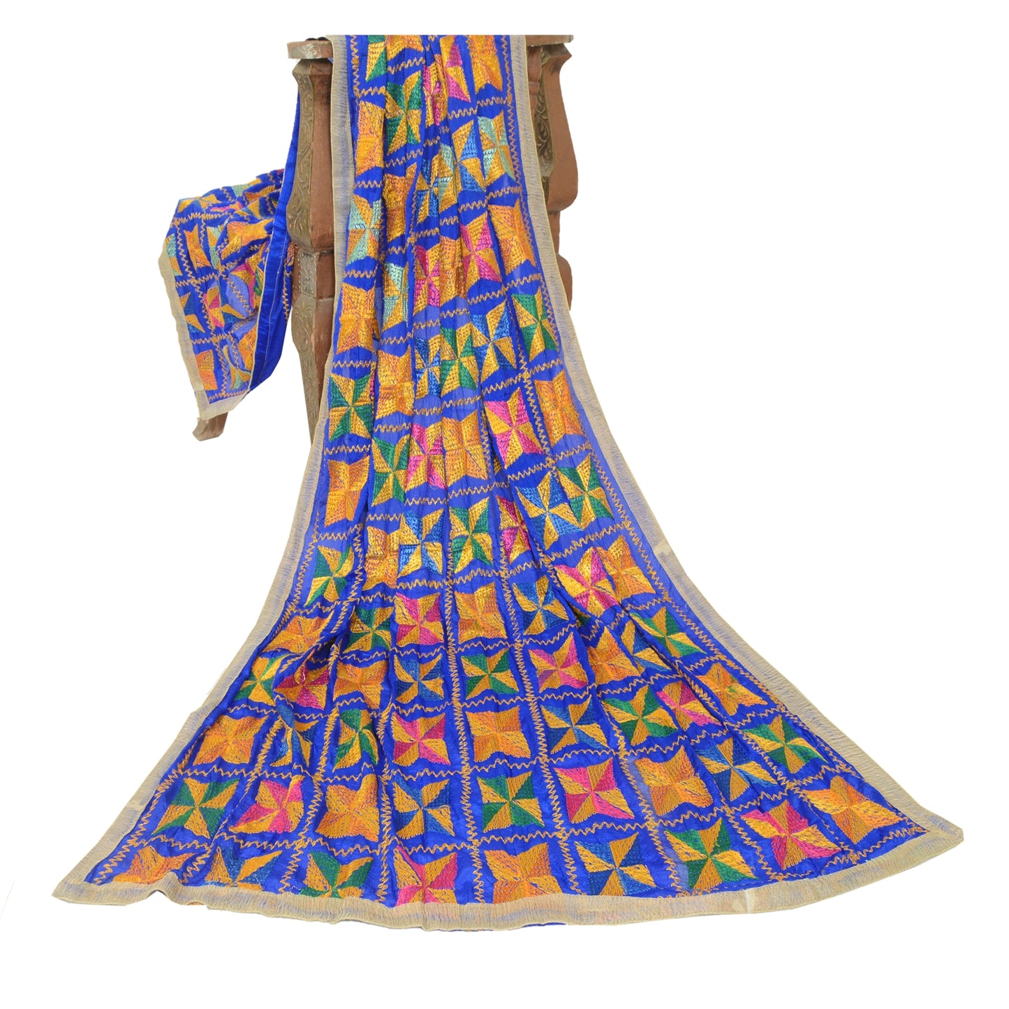 Sanskriti Vintage Blue Dupatta Chiffon Silk Bagh Phulkari Embroidery OOAK Stole