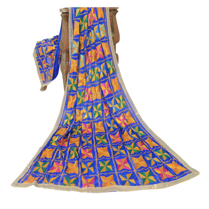 Sanskriti Vintage Blue Dupatta Chiffon Silk Bagh Phulkari Embroidery OOAK Stole