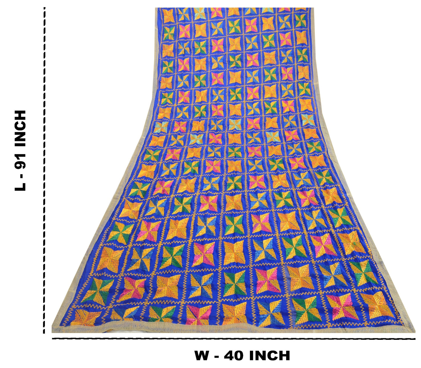 Sanskriti Vintage Blue Dupatta Chiffon Silk Bagh Phulkari Embroidery OOAK Stole