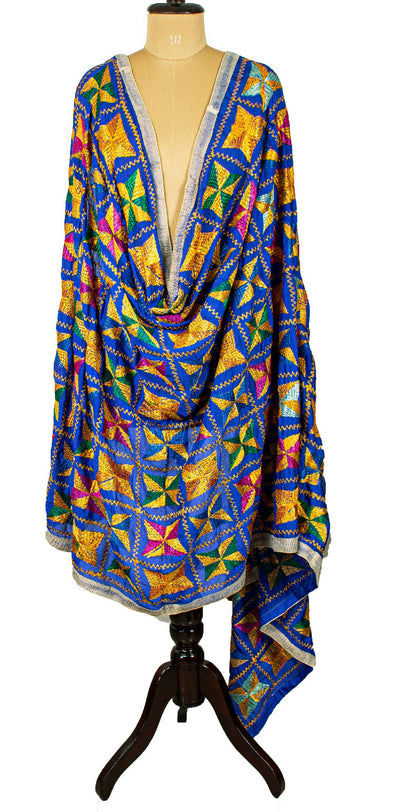Sanskriti Vintage Blue Dupatta Chiffon Silk Bagh Phulkari Embroidery OOAK Stole