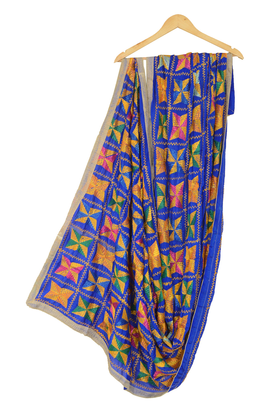 Sanskriti Vintage Blue Dupatta Chiffon Silk Bagh Phulkari Embroidery OOAK Stole