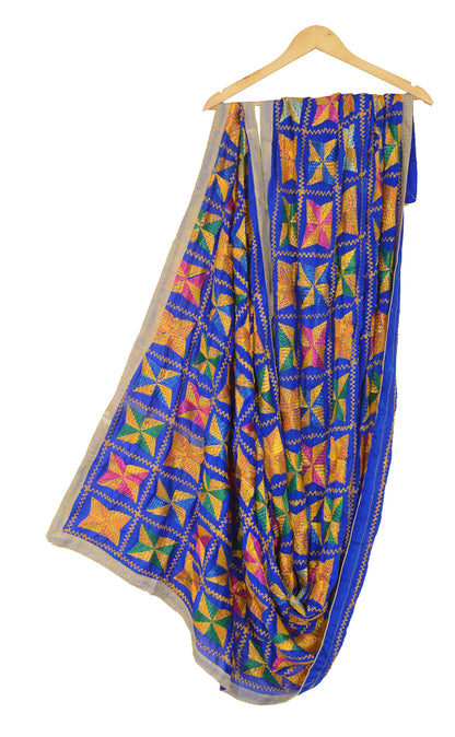 Sanskriti Vintage Blue Dupatta Chiffon Silk Bagh Phulkari Embroidery OOAK Stole