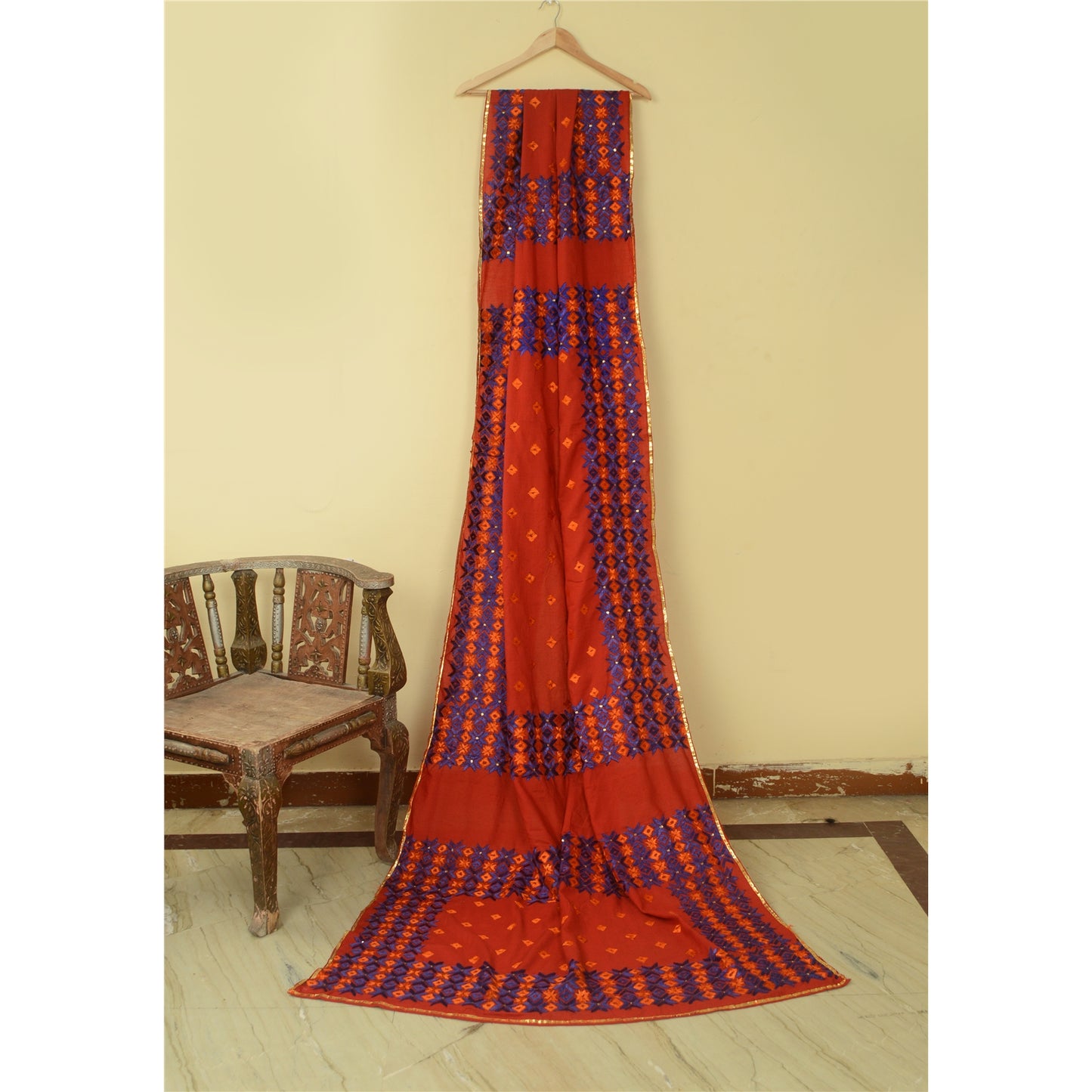 Sanskriti Vintage Red Dupatta Cotton Hand Embroidered Bagh Phulkari OOAK Stole