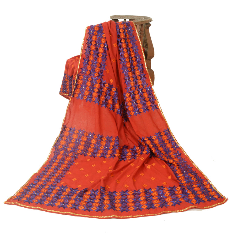 Sanskriti Vintage Red Dupatta Cotton Hand Embroidered Bagh Phulkari Ooak Panjab Stole Indian Heritage Textile Women Traditional Dress