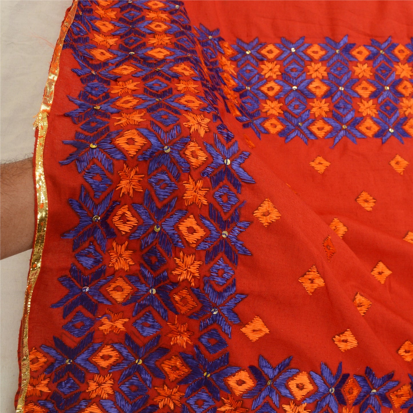 Sanskriti Vintage Red Dupatta Cotton Hand Embroidered Bagh Phulkari OOAK Stole