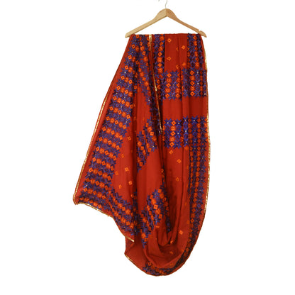 Sanskriti Vintage Red Dupatta Cotton Hand Embroidered Bagh Phulkari OOAK Stole