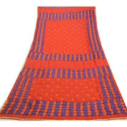 Sanskriti Vintage Red Dupatta Cotton Hand Embroidered Bagh Phulkari OOAK Stole