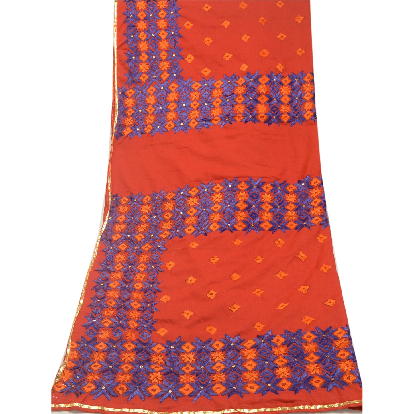 Sanskriti Vintage Red Dupatta Cotton Hand Embroidered Bagh Phulkari OOAK Stole